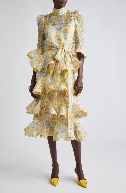 Zimmermann Harmony Floral Ruffle Tiered Linen & Silk Midi Dress Citrus Garden Print at Nordstrom,