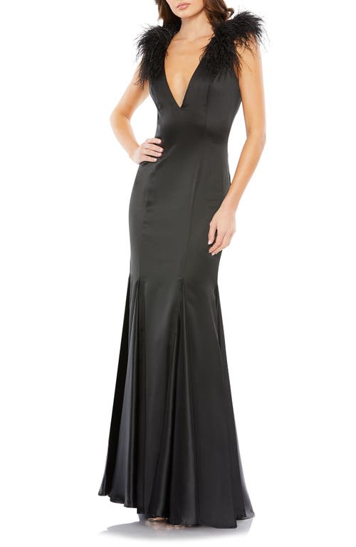 Mac Duggal Feather Detail Satin Sheath Gown Black at Nordstrom,