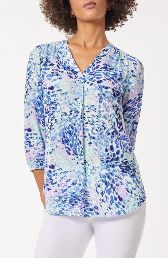 Shop Jones New York Pleated V-neck Top In Nyc W/ Blue Sapphire Multi