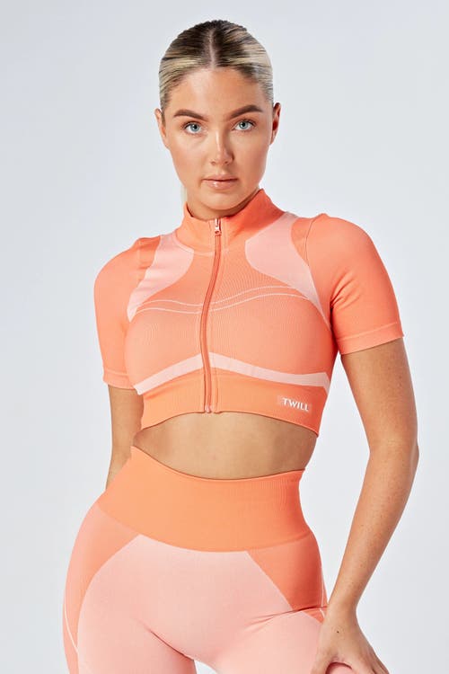 Shop Twill Active Recycled Color Block Zip-up Crop Top In Coral