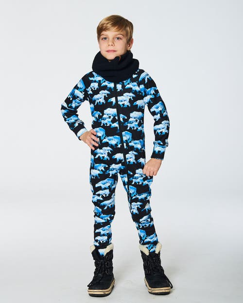 Deux Par Deux Baby Boy's One Piece Thermal Underwear Black Printed Polar Bears In Printed Bears