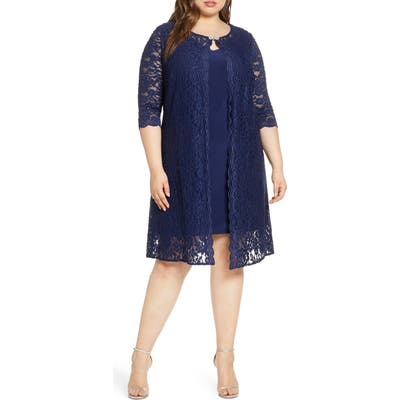Plus Size Alex Evenings Lace Mock Jacket Cocktail Dress, Blue