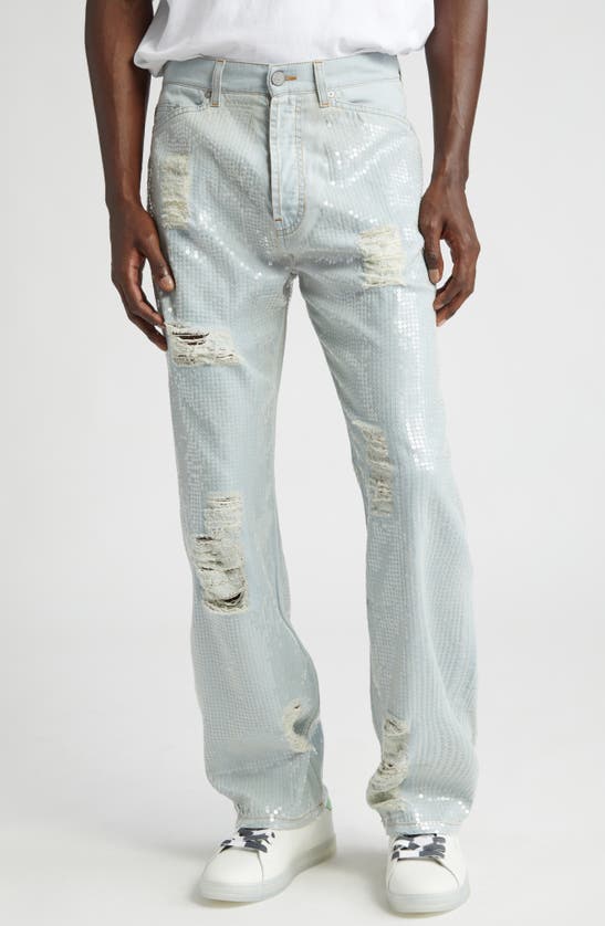 PALM ANGELS RIPPED SEQUIN STRAIGHT LEG JEANS