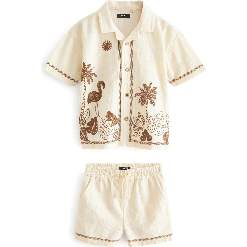 Next Kids' Flamingo Print Camp Shirt & Shorts Set In Cream