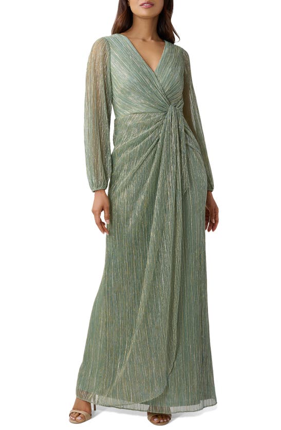 Adrianna Papell Metallic Long Sleeve Mesh Evening Gown In Green Slate