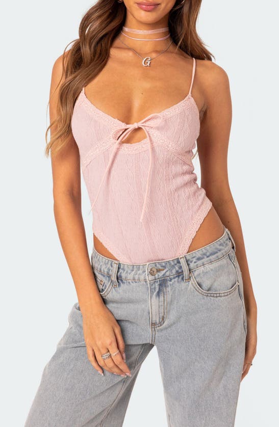 Shop Edikted Lacey Keyhole Knit Bodysuit In Light-pink