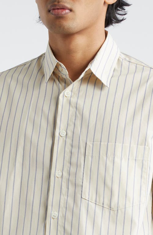 Shop John Elliott Stripe Short Sleeve Cotton Poplin Button-up Shirt In Tan X Blue