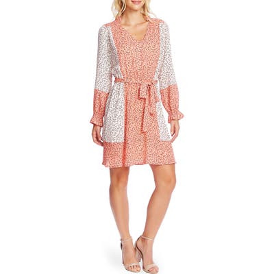 Cece Budding Floral Colorblock Long Sleeve Dress, Orange