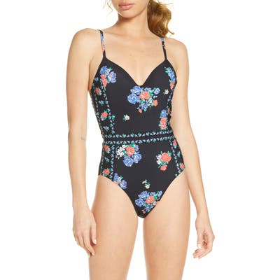 Tory Burch Floral Print Underwire One-Piece Swimsuit, Black