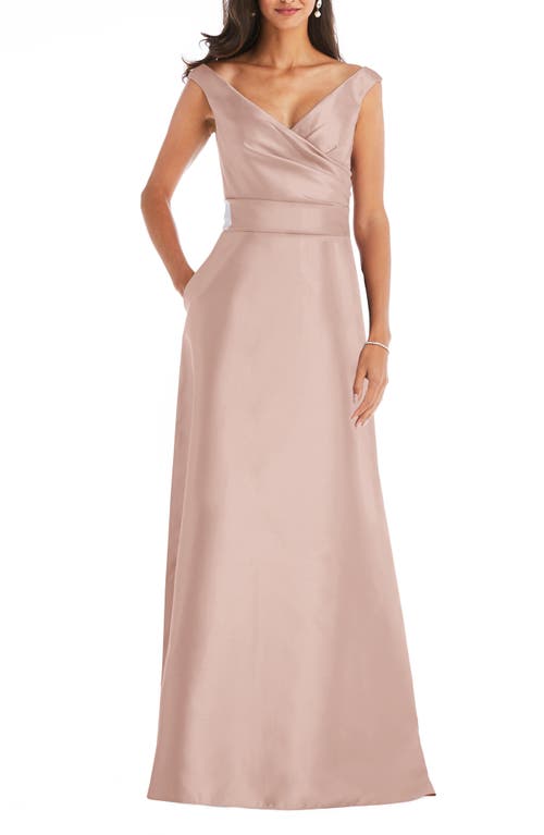 Alfred Sung Off the Shoulder Satin Gown in Toasted Sugar