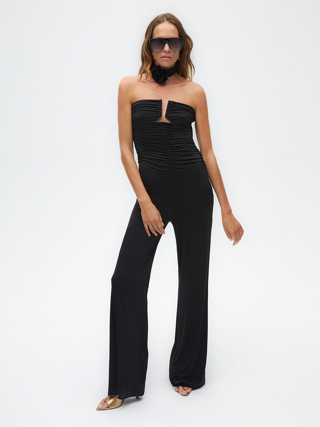 Checked Wool Twill Strapless Jumpsuit