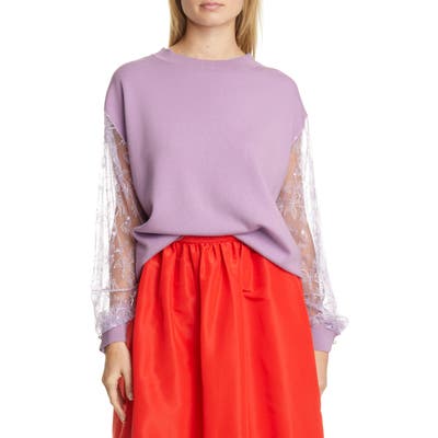 Adam Lippes Lace Sleeve Merino Wool Blend Sweater, Purple