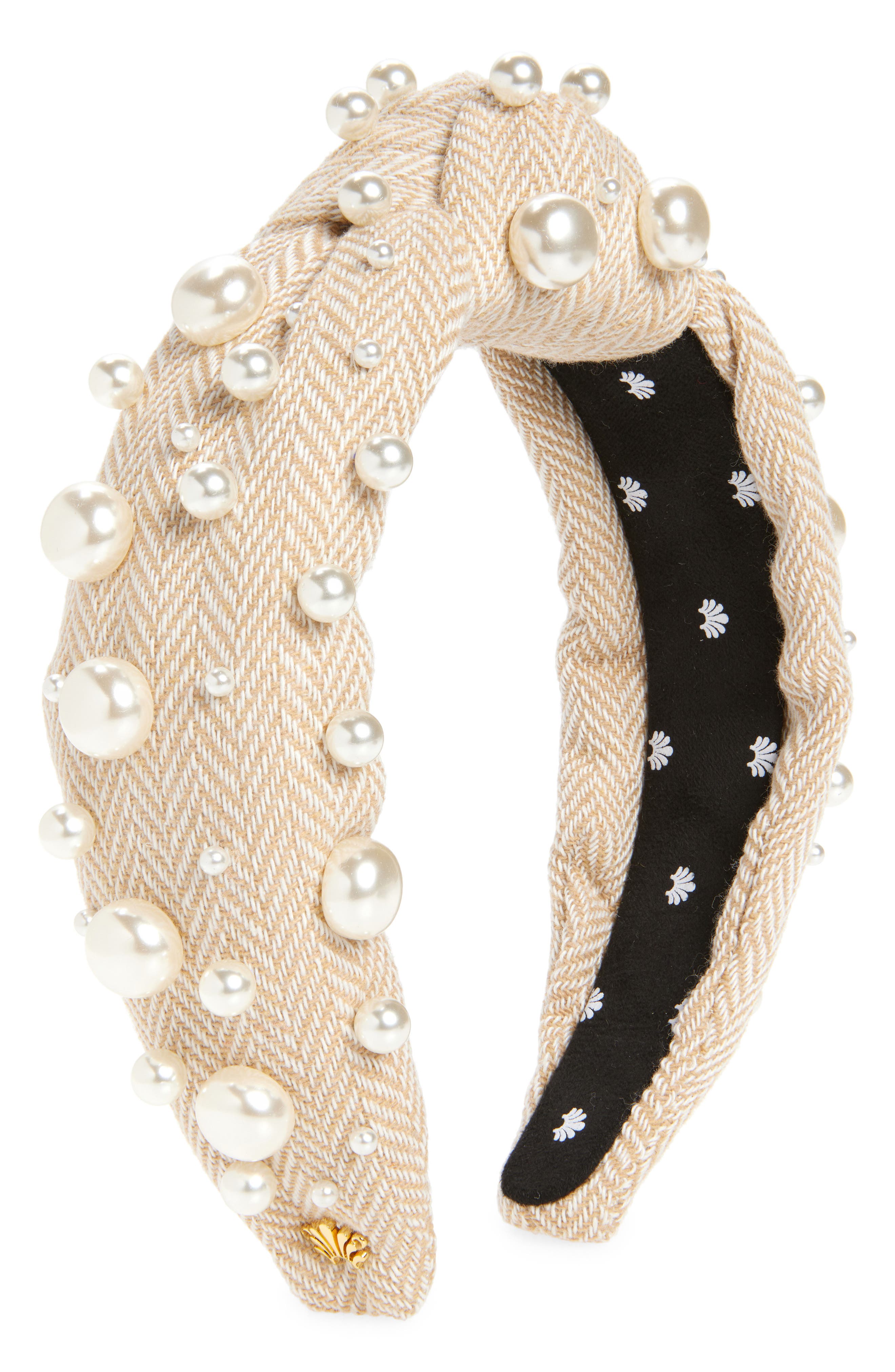 Lele Sadoughi Imitation Pearl Knotted Headband in Khaki Tweed 