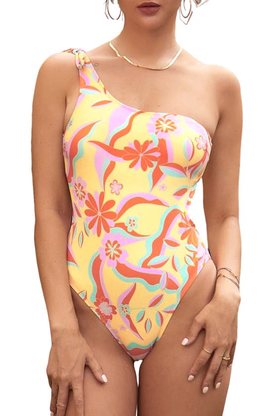 Shop Cupshe Retro Daisy One-shoulder One-piece Swimsuit In Goldenrod
