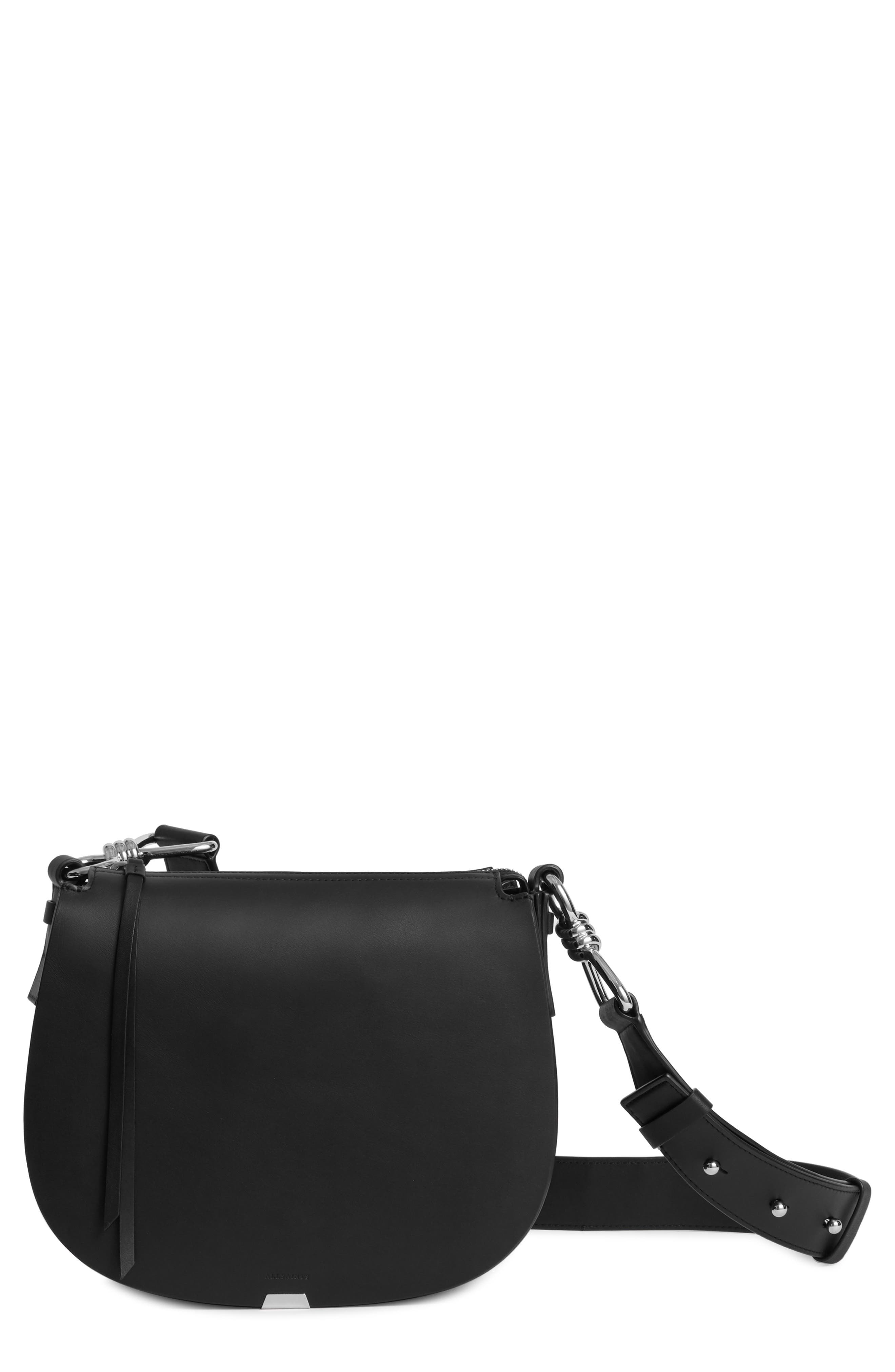 round black leather crossbody bag