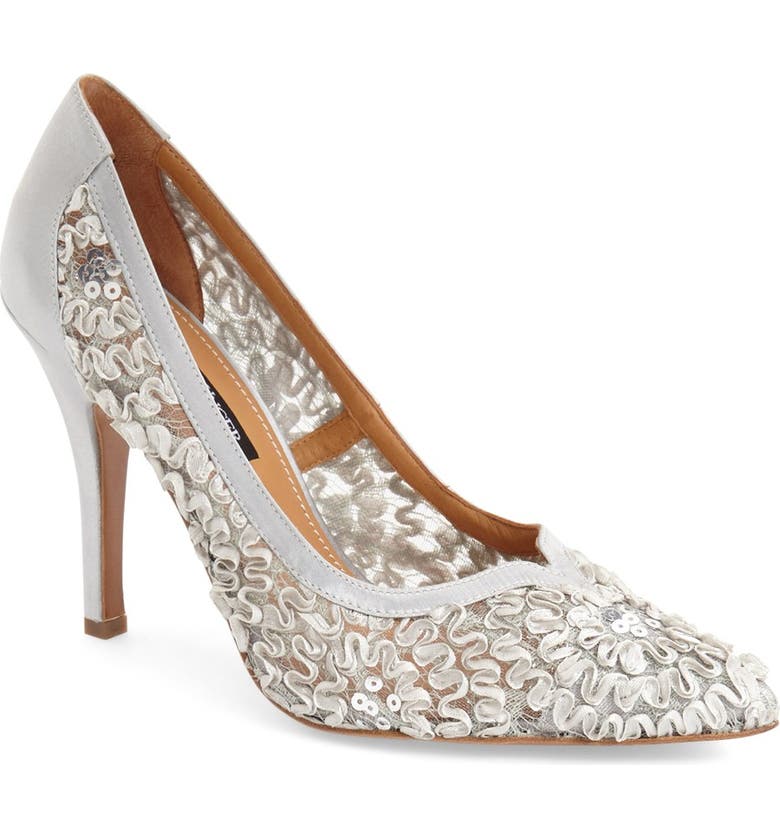 KAY UNGER 'Sardana' Satin Ribbon Lace Pointy Toe Pump, Main, color, SILVER RIBBON LACE/ SATIN