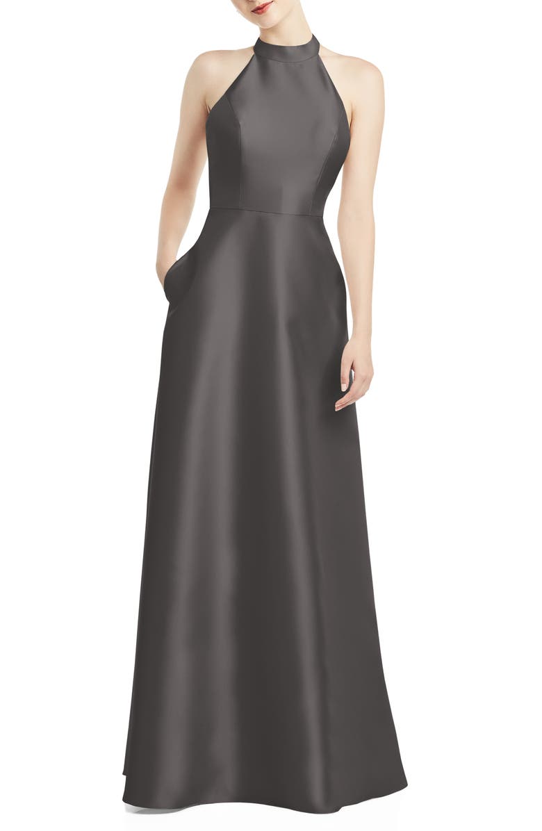 Alfred Sung Halter Style Satin Twill A-Line Gown | Nordstrom