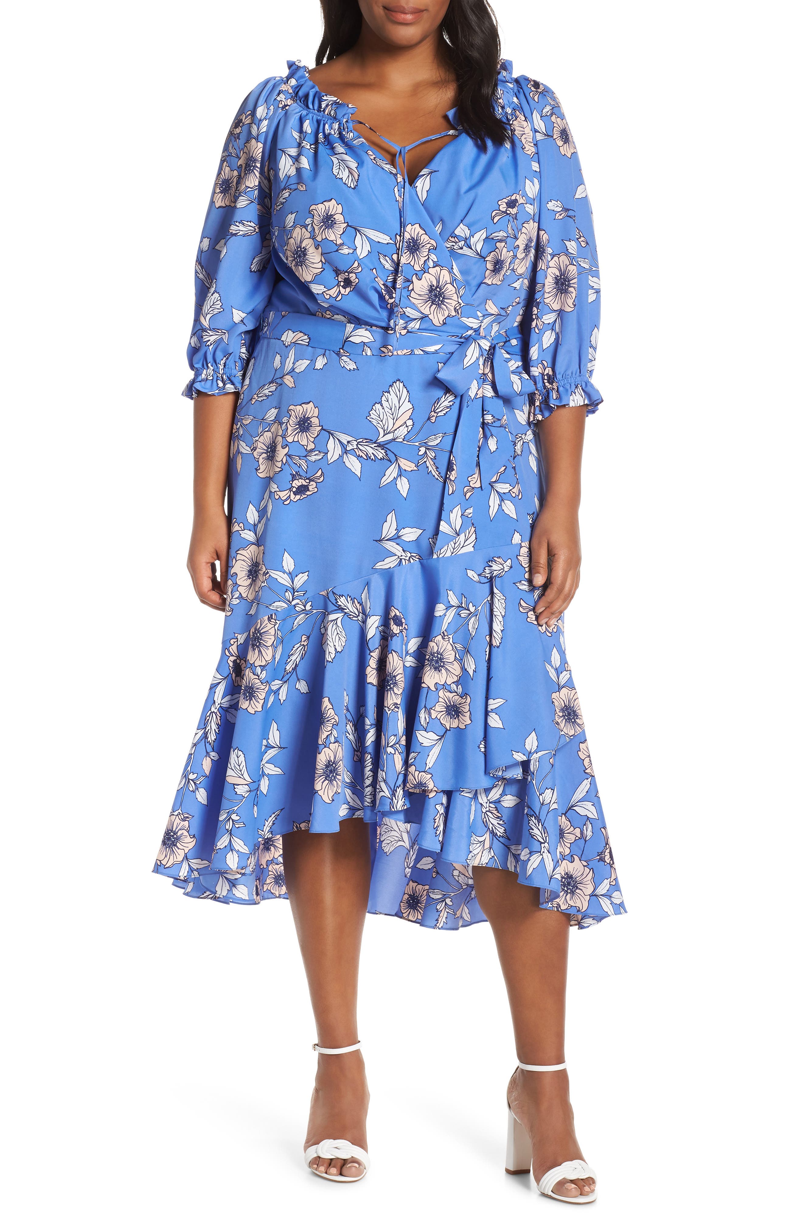 Plus Size Eliza J Gathered Neck Faux Wrap Midi Dress, Blue