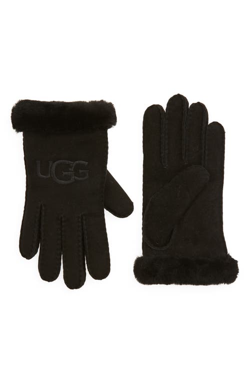 UGG(r) Logo Embroidered Suede & Genuine Shearling Gloves in Black