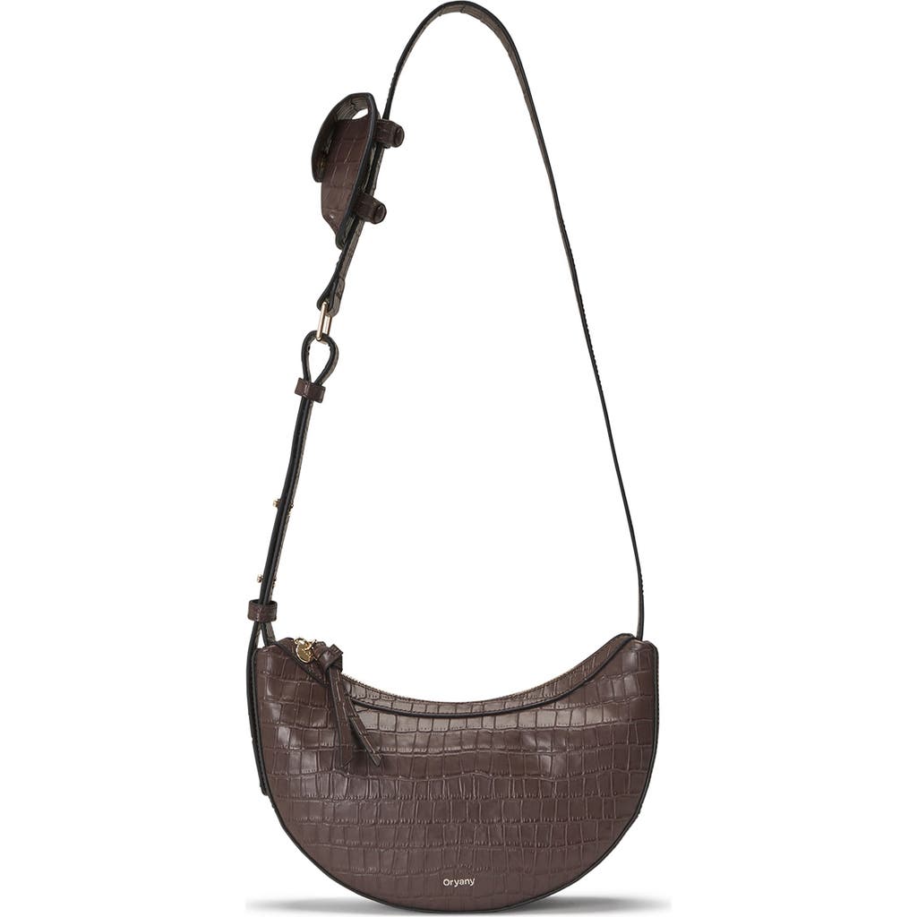 Shop Oryany Rookie Crescent Croc Embossed Leather Crossbody Bag In Deep Brown