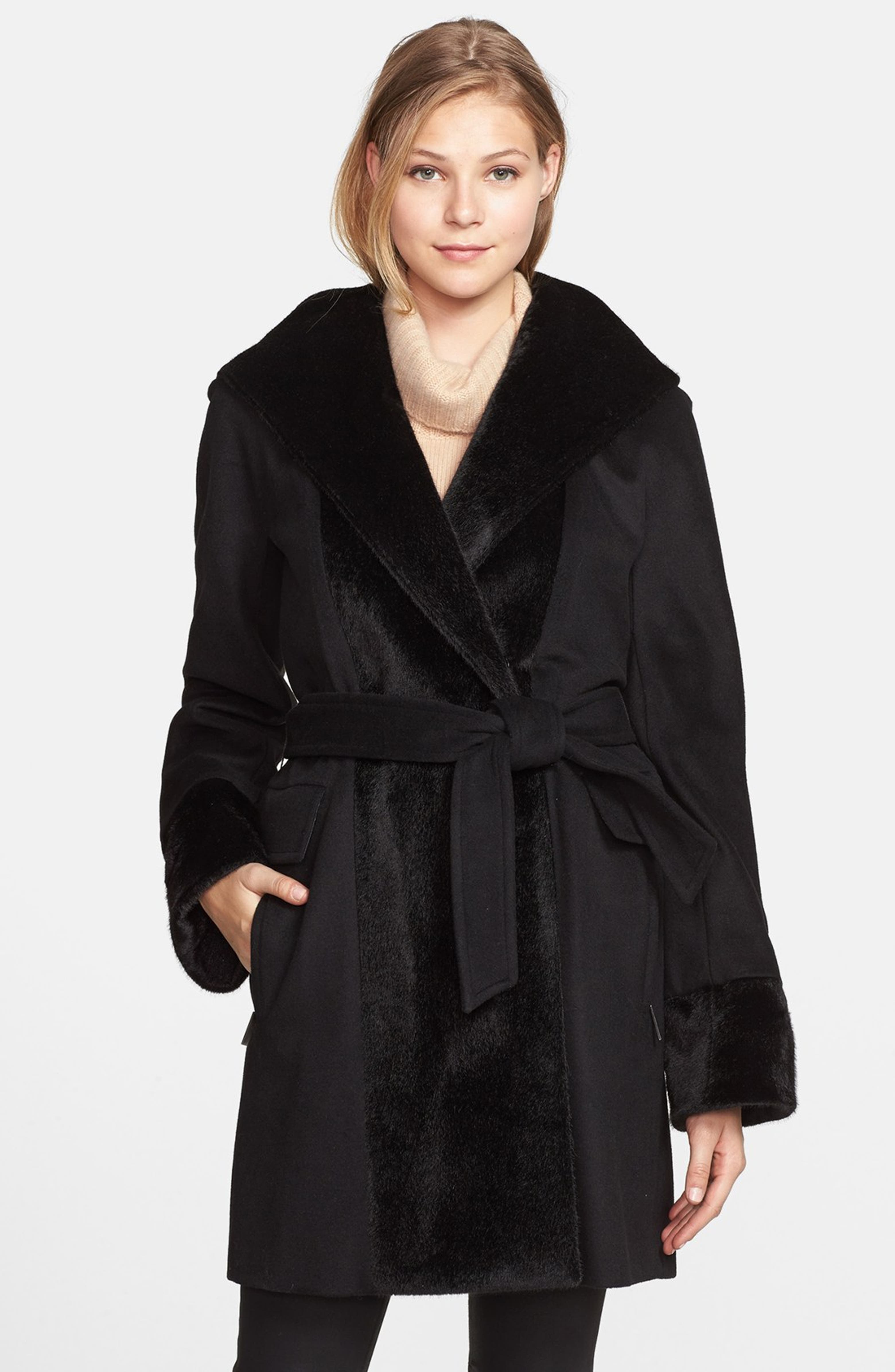 Hilary Radley Faux Fur Trim Hooded Wrap Coat | Nordstrom