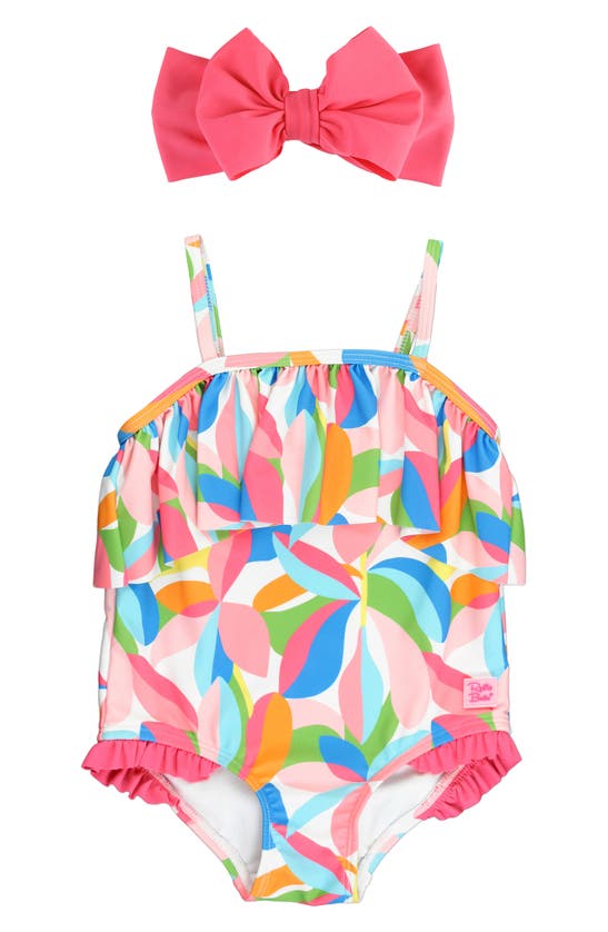 Rufflebutts Babies' Tropical Adventure Ruffle One-piece Swimsuit & Headband Set In Pink