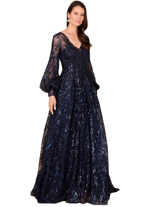 Lara New York V Neckline Long Sleeve Gown In Navy