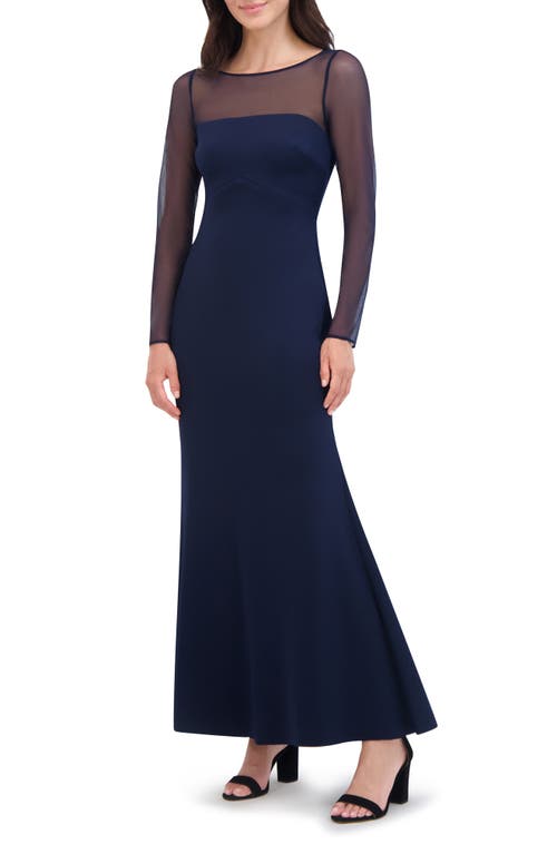 Shop Eliza J Rosette Mesh Trim Long Sleeve Gown In Navy