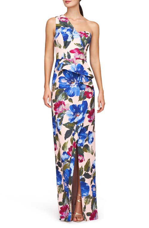 Laurel Floral One-Shoulder Gown in Spring Blue