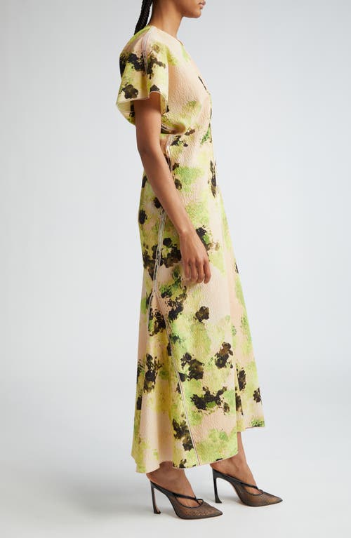 Shop Victoria Beckham Floral Print Drape Shoulder Cloqué Dress In Peach/lime