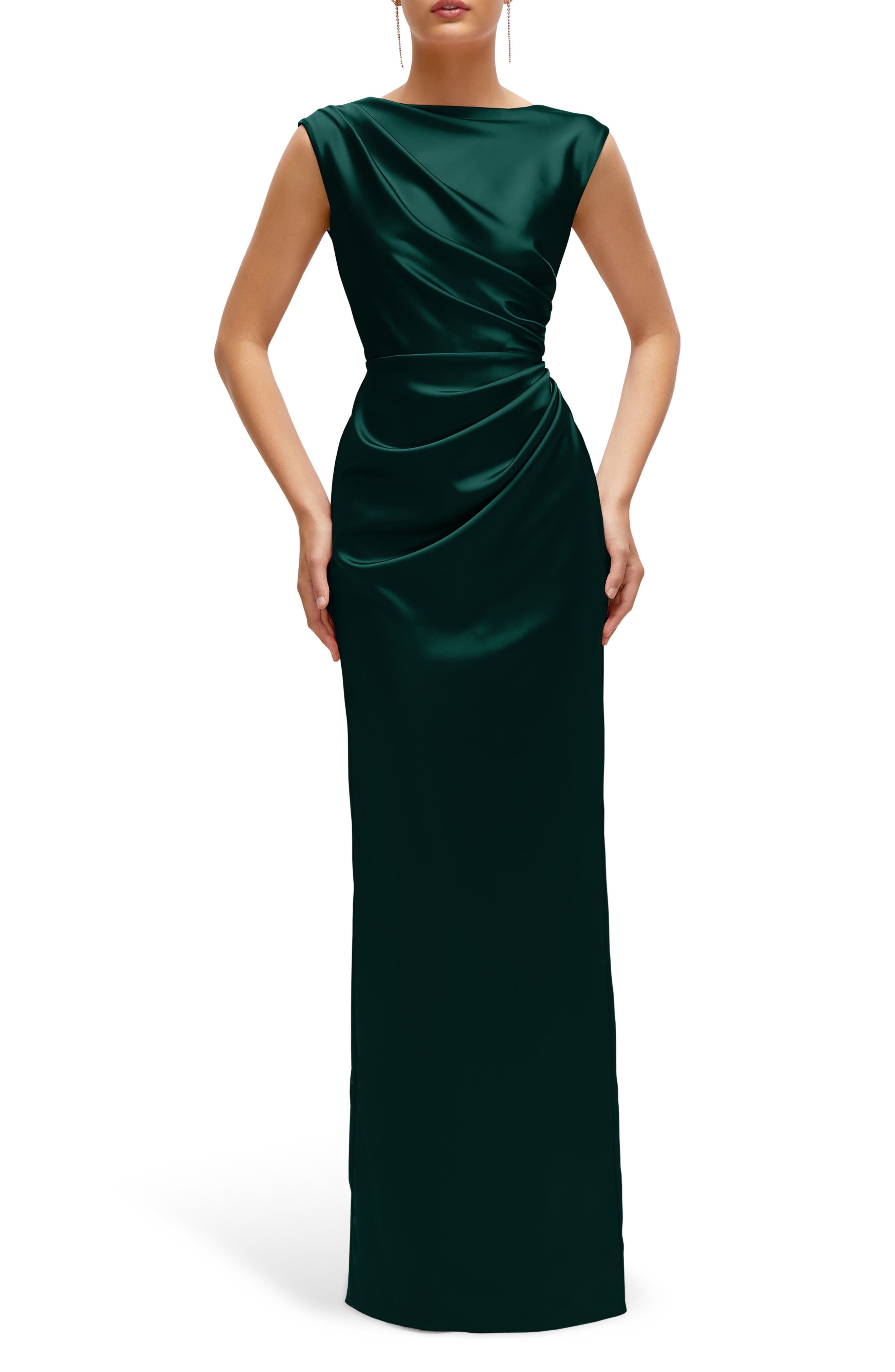 After Six Pleated Cap Sleeve Charmeuse Gown in Evergreen Cover