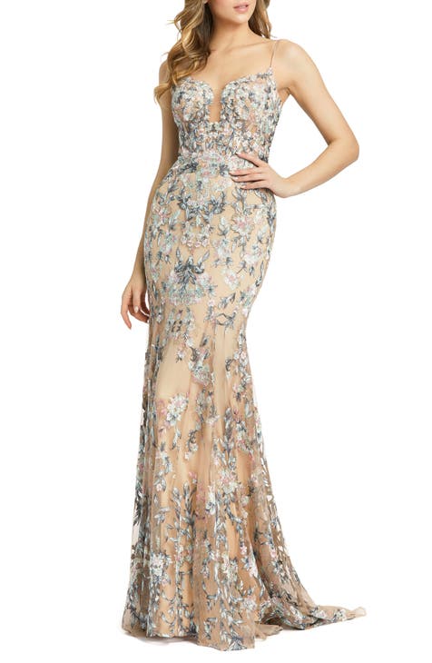 Embroidered Floral Mermaid Gown with Train