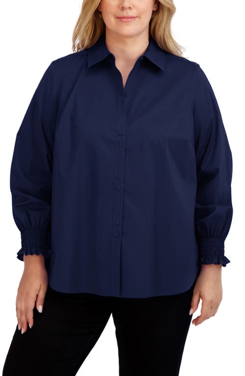 Foxcroft Olivia Smocked Cuff Cotton Blend Button-Up Shirt at Nordstrom,