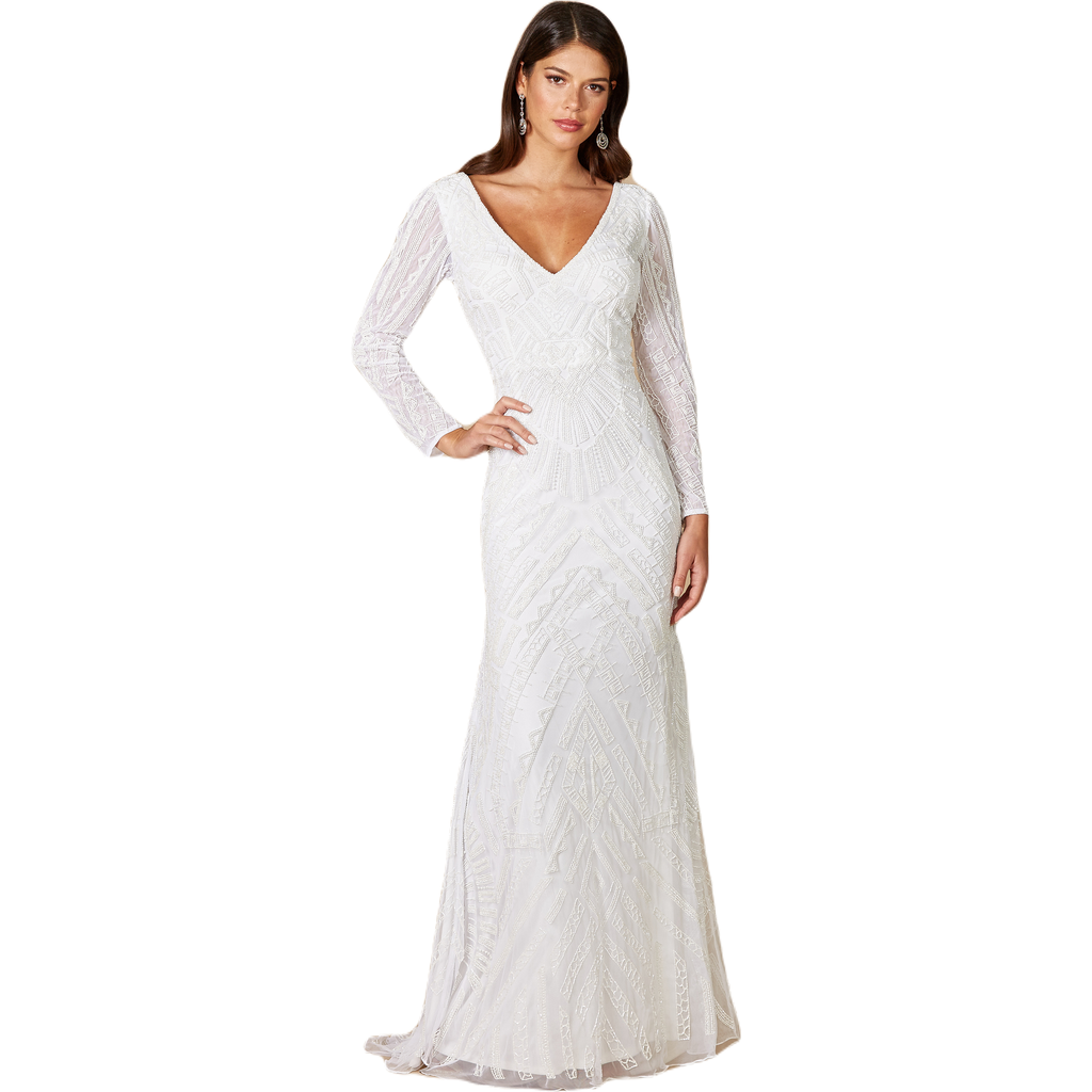 Lara New York Gretchen V-neck Long Sleeve Wedding Dress In Ivory