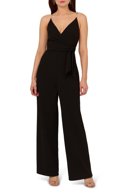 Shop Adrianna Papell Embellished Imitation Peal Trim Crepe Faux Wrap Jumpsuit In Black