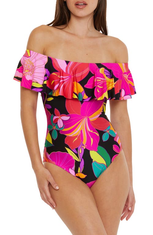 Solar Floral Ruffle Off the Shoulder One-Piece Swimsuit in Pink
