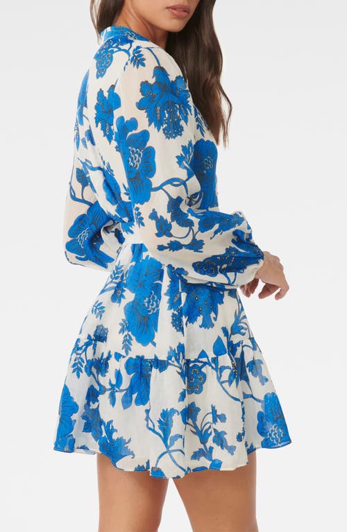 Shop Ever New Aurora Floral Long Sleeve Belted Ramie Skater Dress In Large Blue Leila Chintz