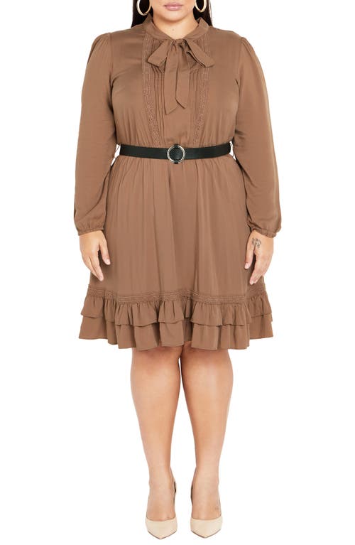 City Chic Precious Tie Neck Belted Long Sleeve Dress Deep Caramel at