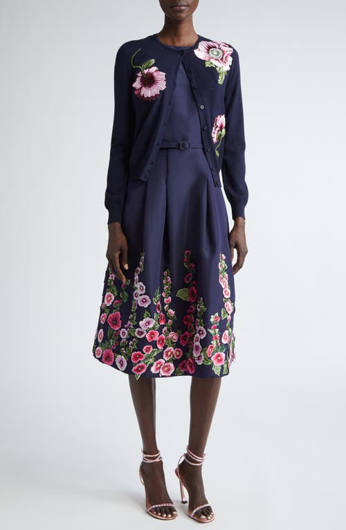 Shop Oscar De La Renta Embroidered Poppy Wool Cardigan In Navy/pink