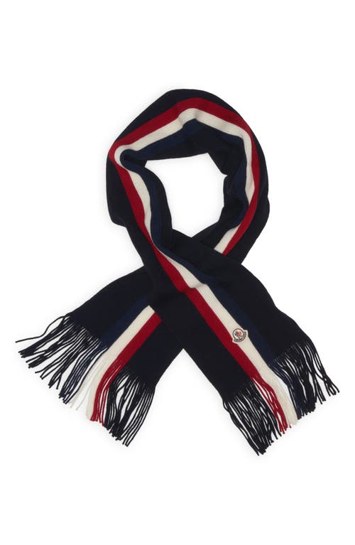 Moncler Logo Stripe Wool Scarf In Blue