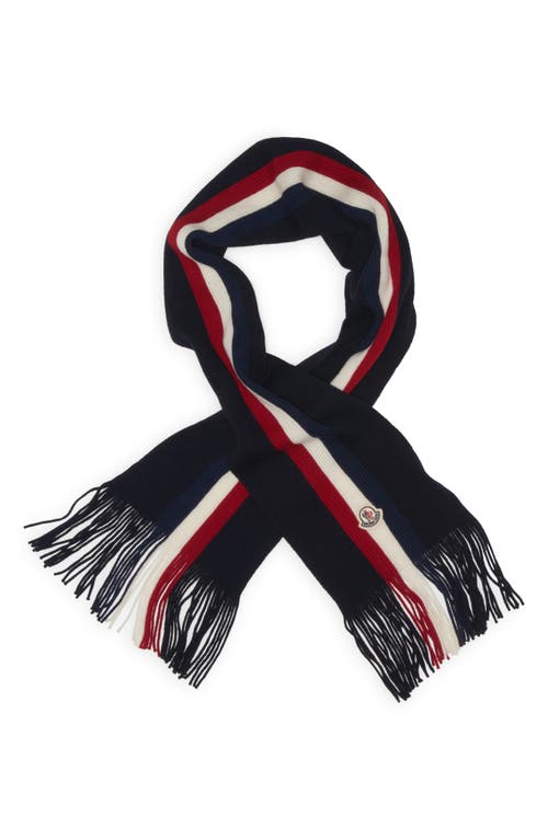 Shop Moncler Logo Stripe Wool Scarf In Blue