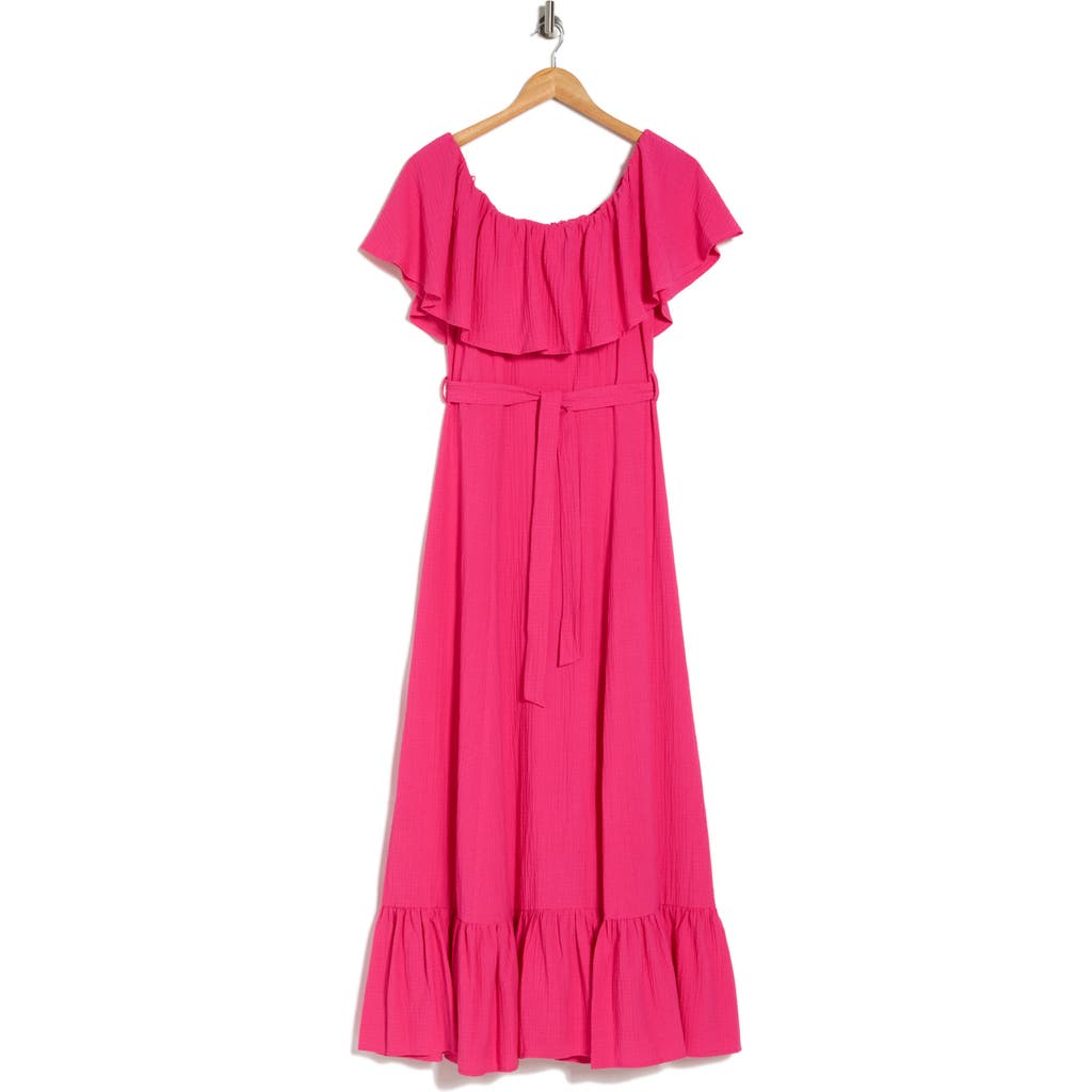 Shop Calvin Klein Off-the-shoulder Gauze Midi Dress In Hibiscus