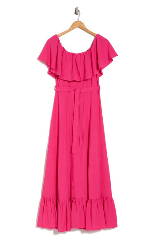 Shop Calvin Klein Off-the-shoulder Gauze Midi Dress In Hibiscus
