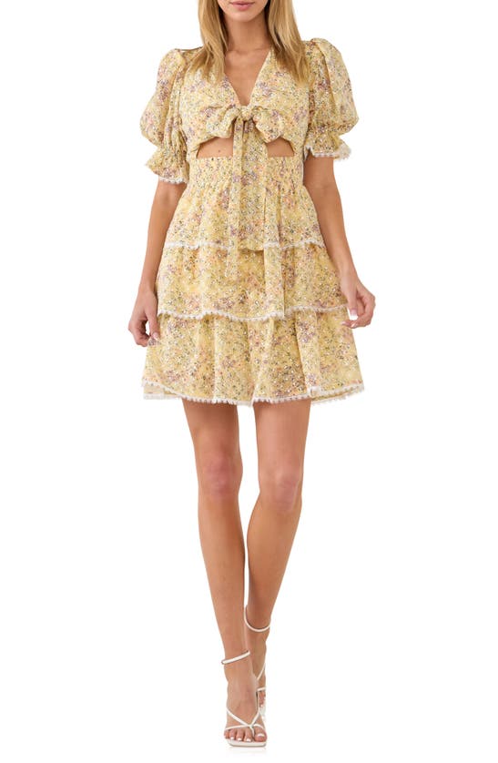 Free The Roses Floral Puff Sleeve Cutout Minidress In Yellow