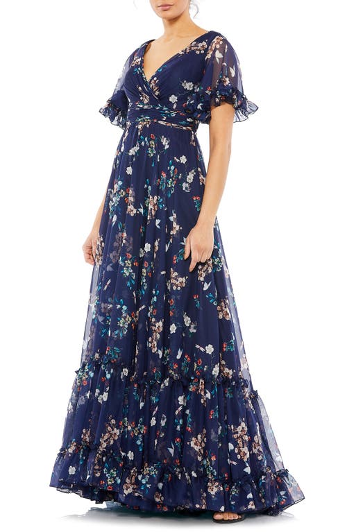 Mac Duggal Floral Flounce Sleeve A-Line Gown Navy Multi at Nordstrom,