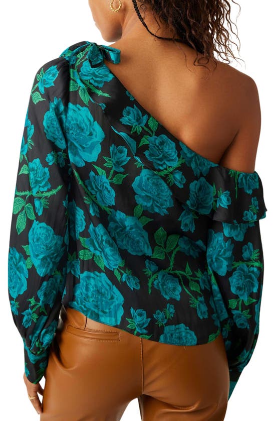 Shop Free People These Nights Floral One-shoulder Satin Top In Black/ Teal Combo