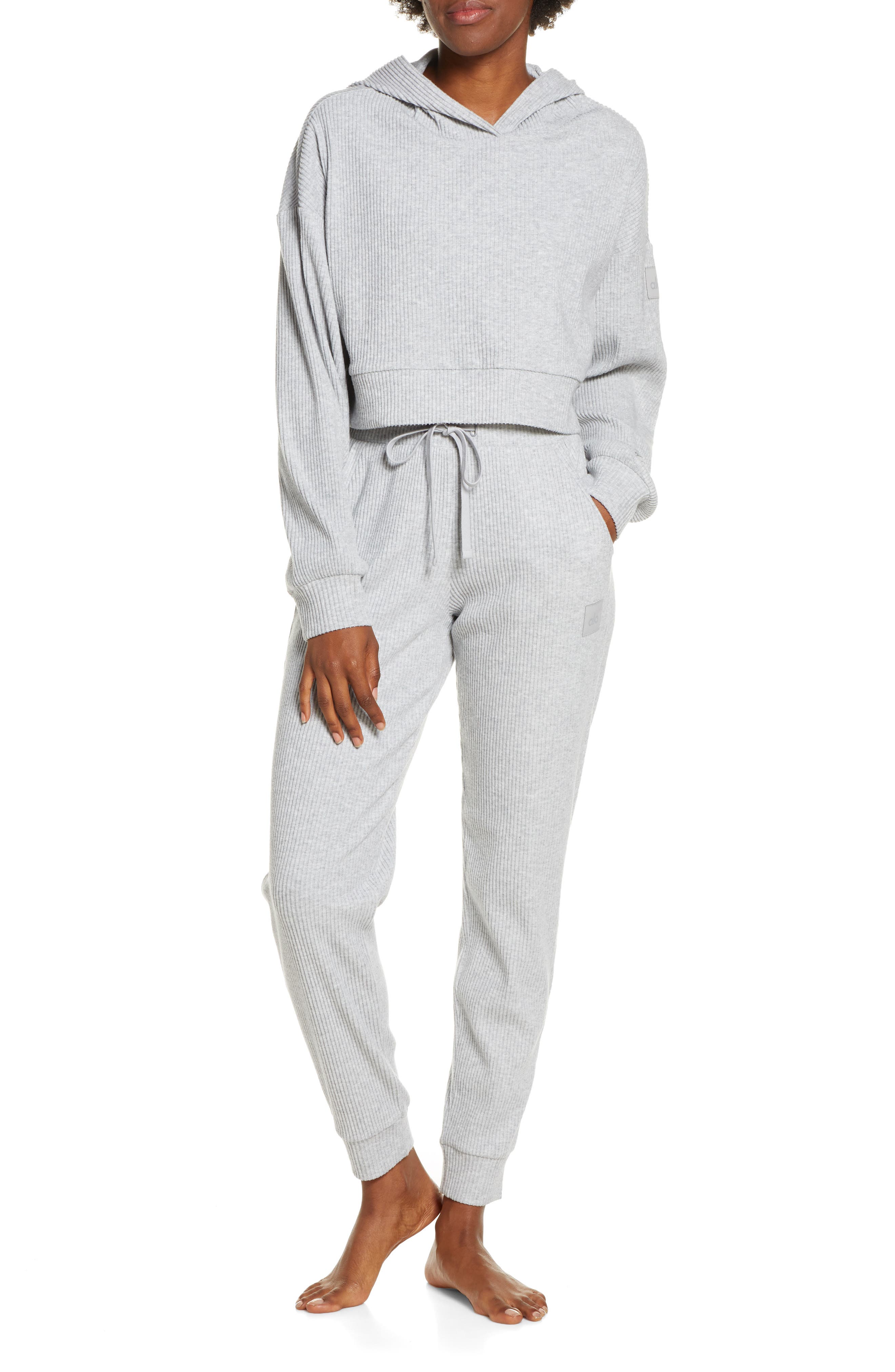 Alo Muse Rib Crop Hoodie - Athletic Heather Grey