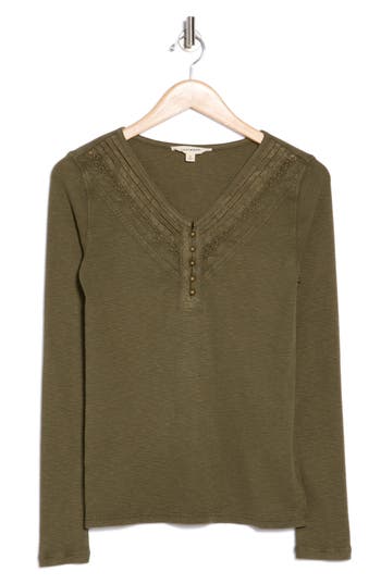 Lucky Brand Lace Trim Henley In Grapeleaf