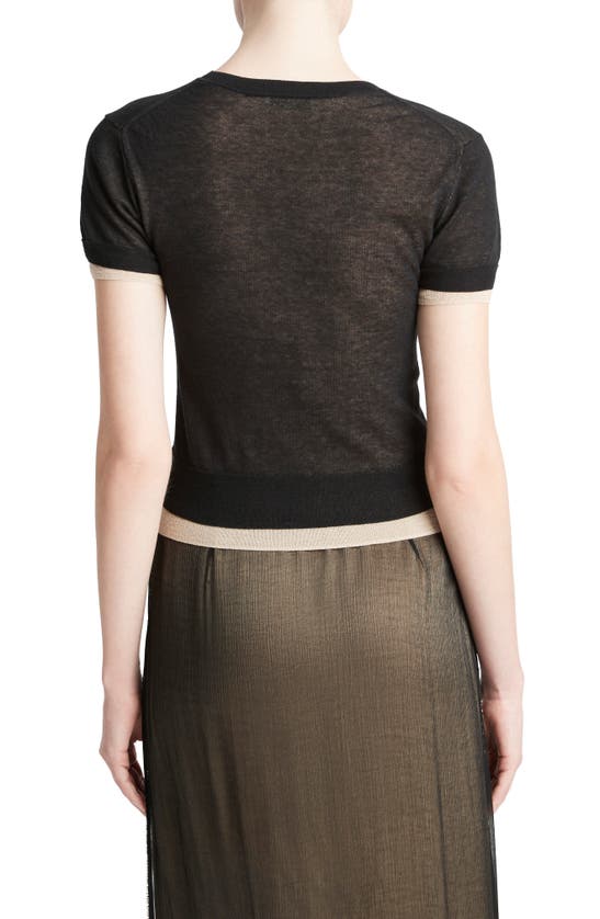 Shop Vince Double Layer Short Sleeve Cotton Blend Sweater In Black/ Oat Sand Combo