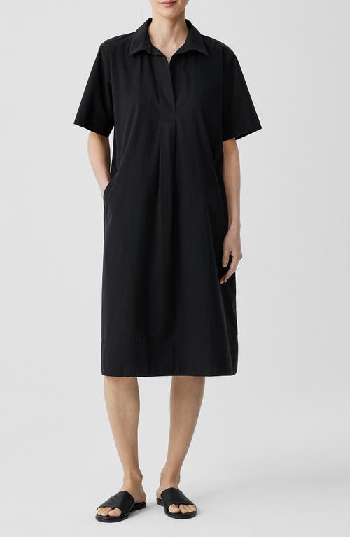 Eileen Fisher Johnny Collar Short Sleeve Organic Cotton Dress In Black